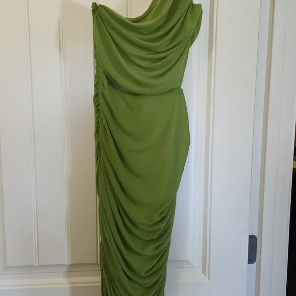 Fashion Nova Lime Green One-Shoulder Cutout Ruched Midi Dress - Picture 4 of 6